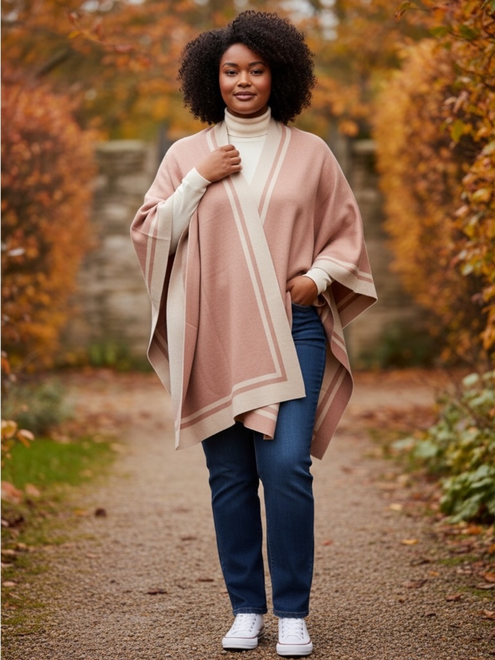 Cejon Blush and Cream Knit Poncho